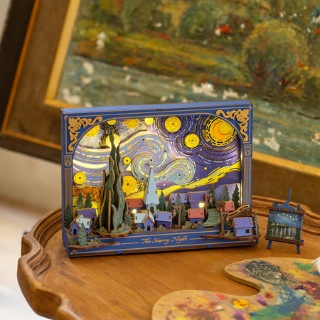 Sfeervolle presentatie van de Robotime The Starry Night, houten diorama bouwpakket van Van Gogh’s Sterrennacht