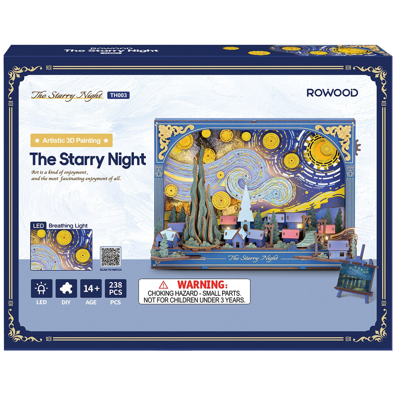 Voorkant verpakking van de Robotime The Starry Night, houten diorama bouwpakket van Van Gogh’s Sterrennacht