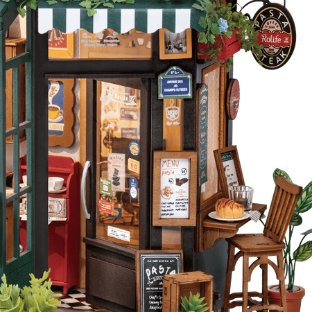 Details van een van de zitplaatsen en de ingang van de Robotime Tipsy Restaurant