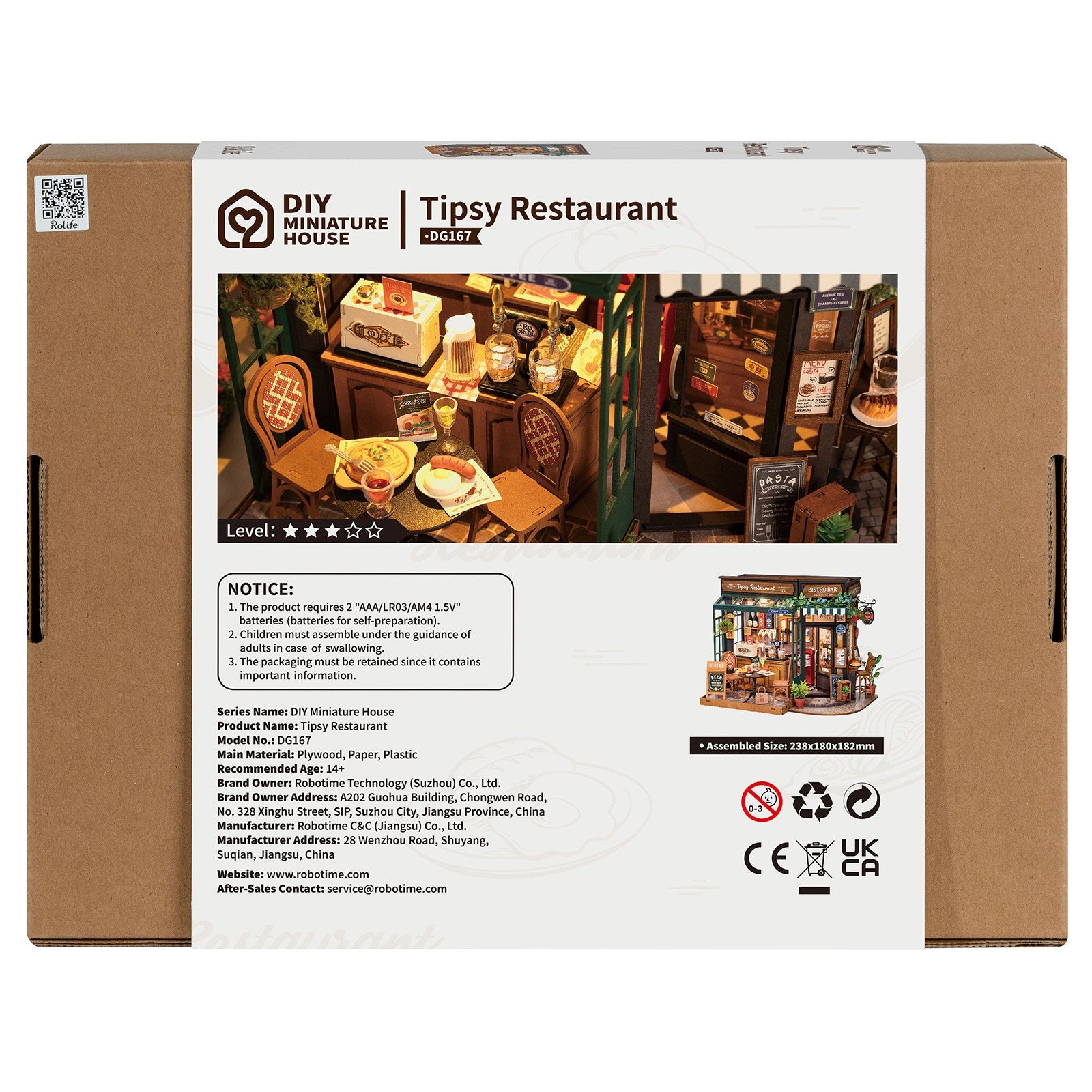 Achterkant verpakking van de Robotime Tipsy Restaurant, gezellig miniatuur restaurantje in ouderwetse stijl