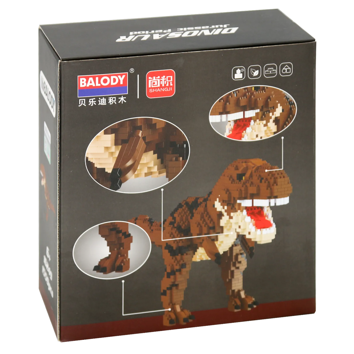 Achterkant verpakking van de Balody miniblocks bruine Tyrannosaurus rex