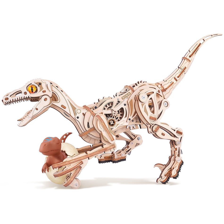 Productfoto van de Robotime Velociraptor, houten bouwpakket van een echt lopende dinosaurus