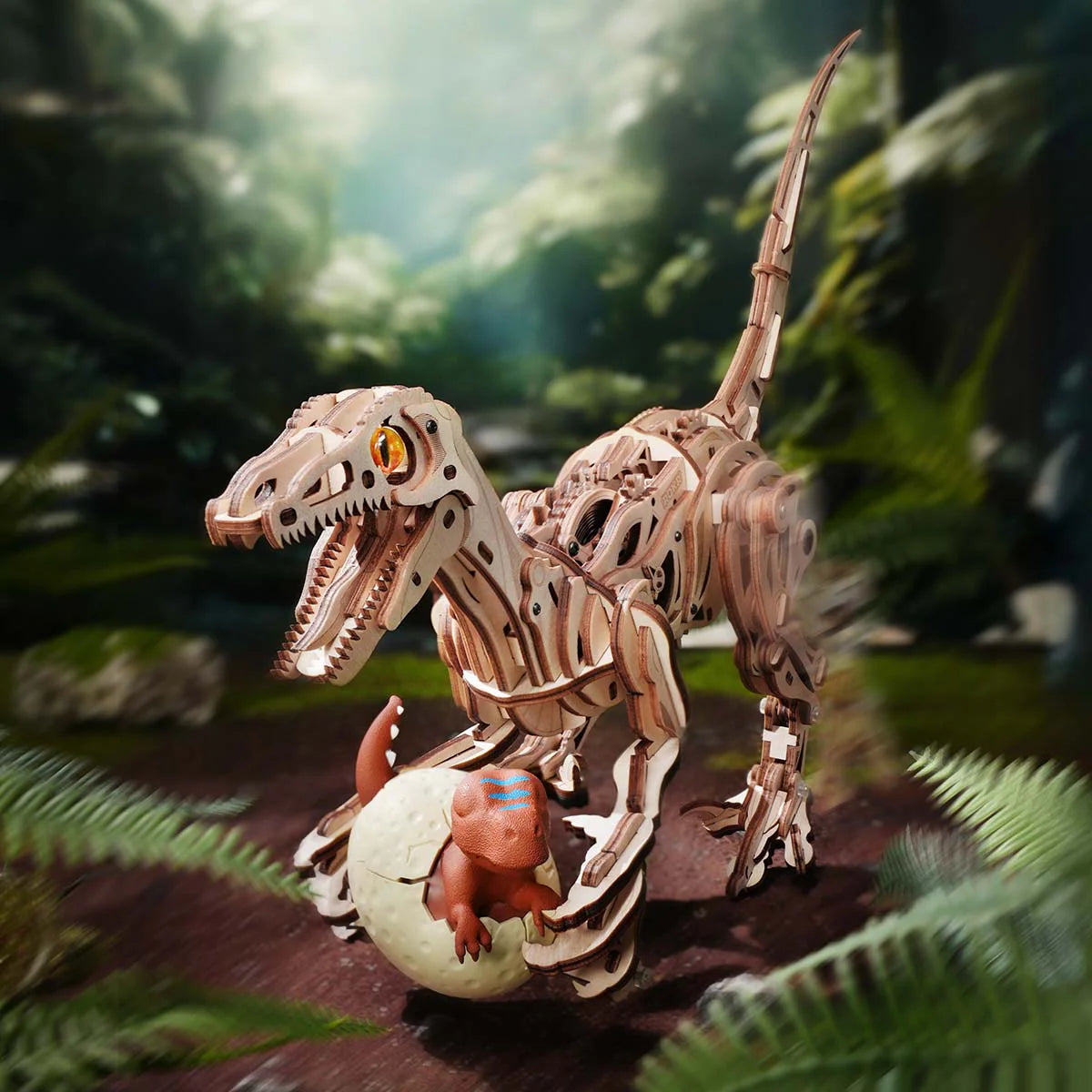 Sfeervolle presentatie van de Robotime Velociraptor, houten bouwpakket van een echt lopende dinosaurus