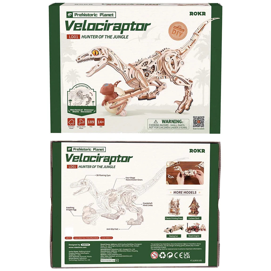 Voorkant en achterkant verpakking van de Robotime Velociraptor, houten bouwpakket van een echt lopende dinosaurus