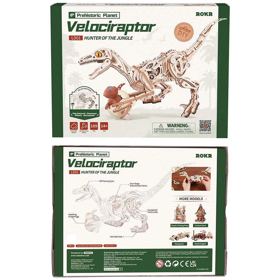 Voorkant en achterkant verpakking van de Robotime Velociraptor, houten bouwpakket van een echt lopende dinosaurus