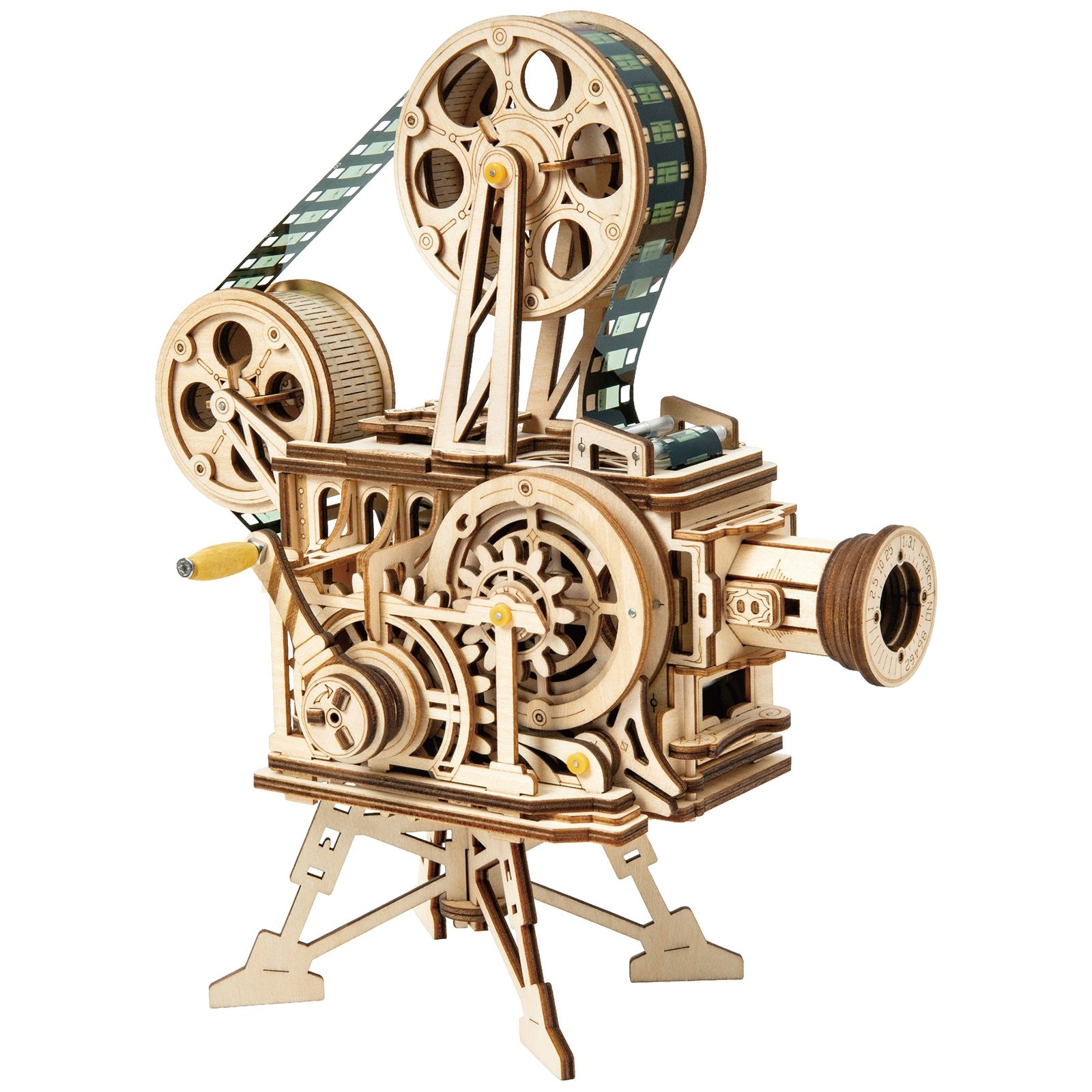 Productfoto van de Robotime Vitascope, houten bouwpakket van een werkende filmprojector