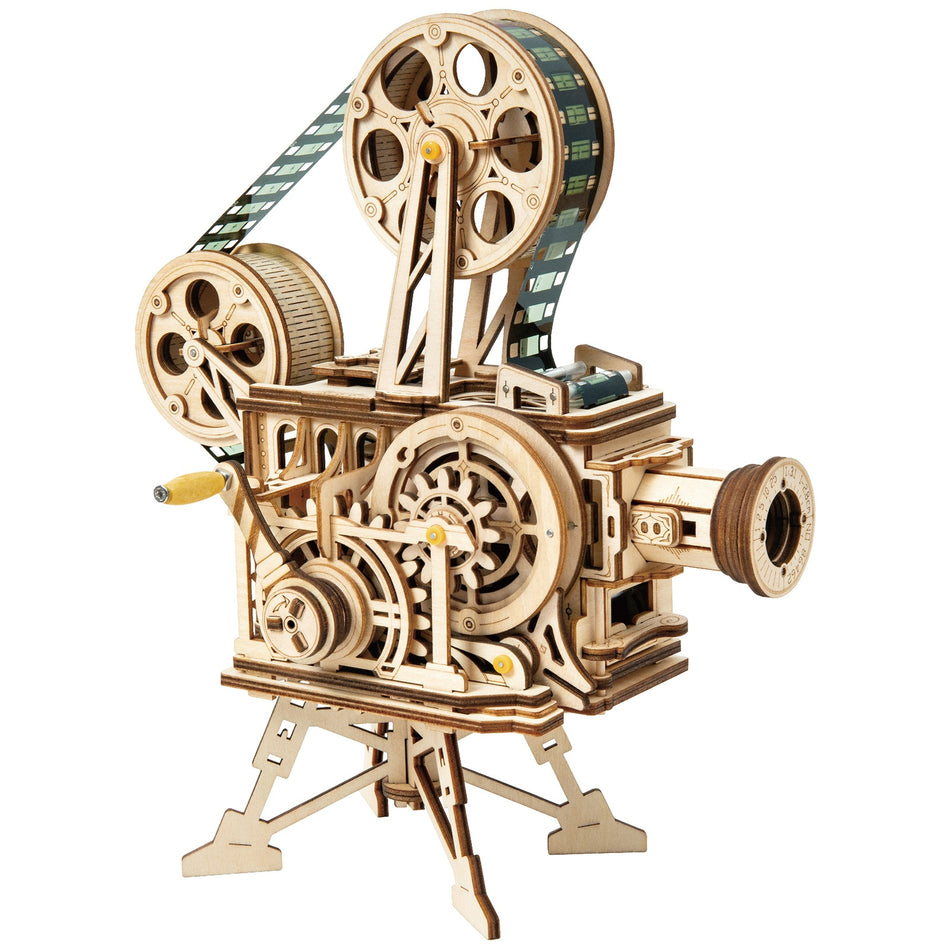 Productfoto van de Robotime Vitascope, houten bouwpakket van een werkende filmprojector