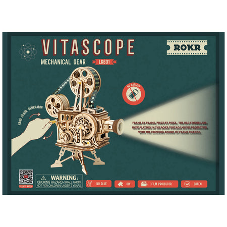 Voorkant verpakking van de Robotime Vitascope, houten bouwpakket van een werkende filmprojector