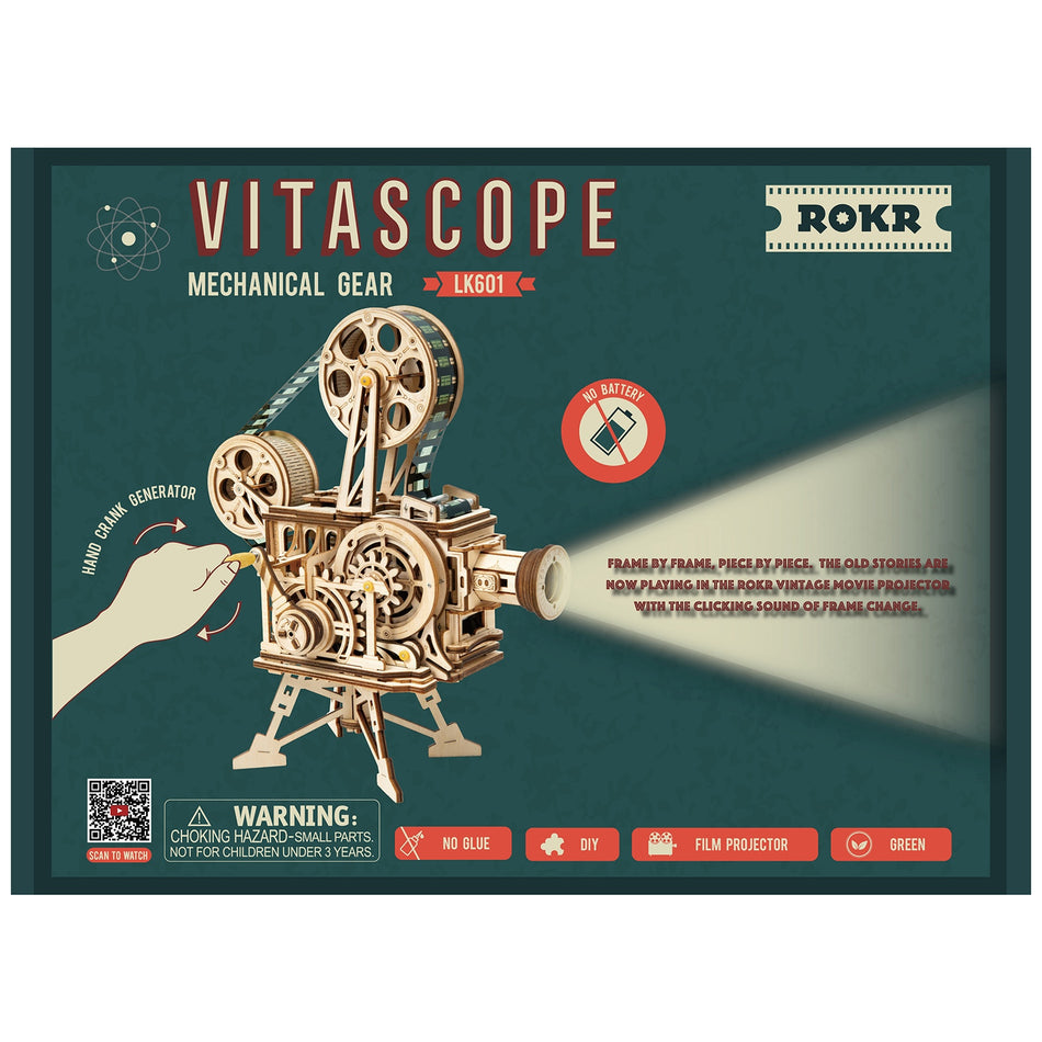 Voorkant verpakking van de Robotime Vitascope, houten bouwpakket van een werkende filmprojector