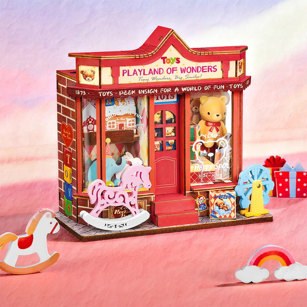 Sfeervolle presentatie van de Robotime Whimsy Toy Shop, bouwpakket voor een miniatuurhuisje van een speelgoedwinkel met ouderwets speelgoed