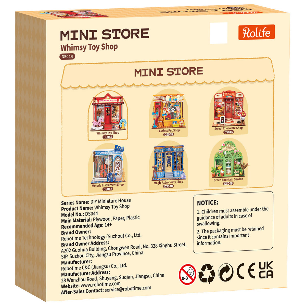 Achterkant verpakking van de Robotime Whimsy Toy Shop, bouwpakket voor een miniatuurhuisje van een speelgoedwinkel met ouderwets speelgoed