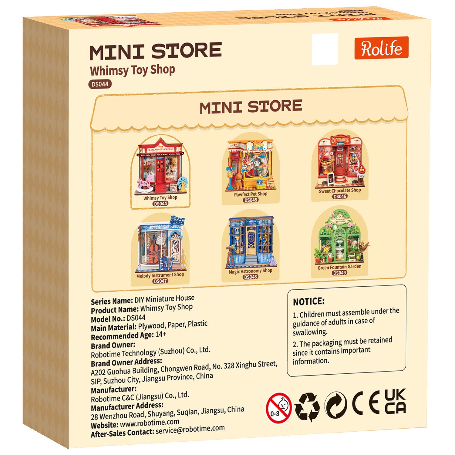 Achterkant verpakking van de Robotime Whimsy Toy Shop, bouwpakket voor een miniatuurhuisje van een speelgoedwinkel met ouderwets speelgoed