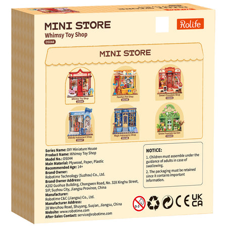 Achterkant verpakking van de Robotime Whimsy Toy Shop, bouwpakket voor een miniatuurhuisje van een speelgoedwinkel met ouderwets speelgoed