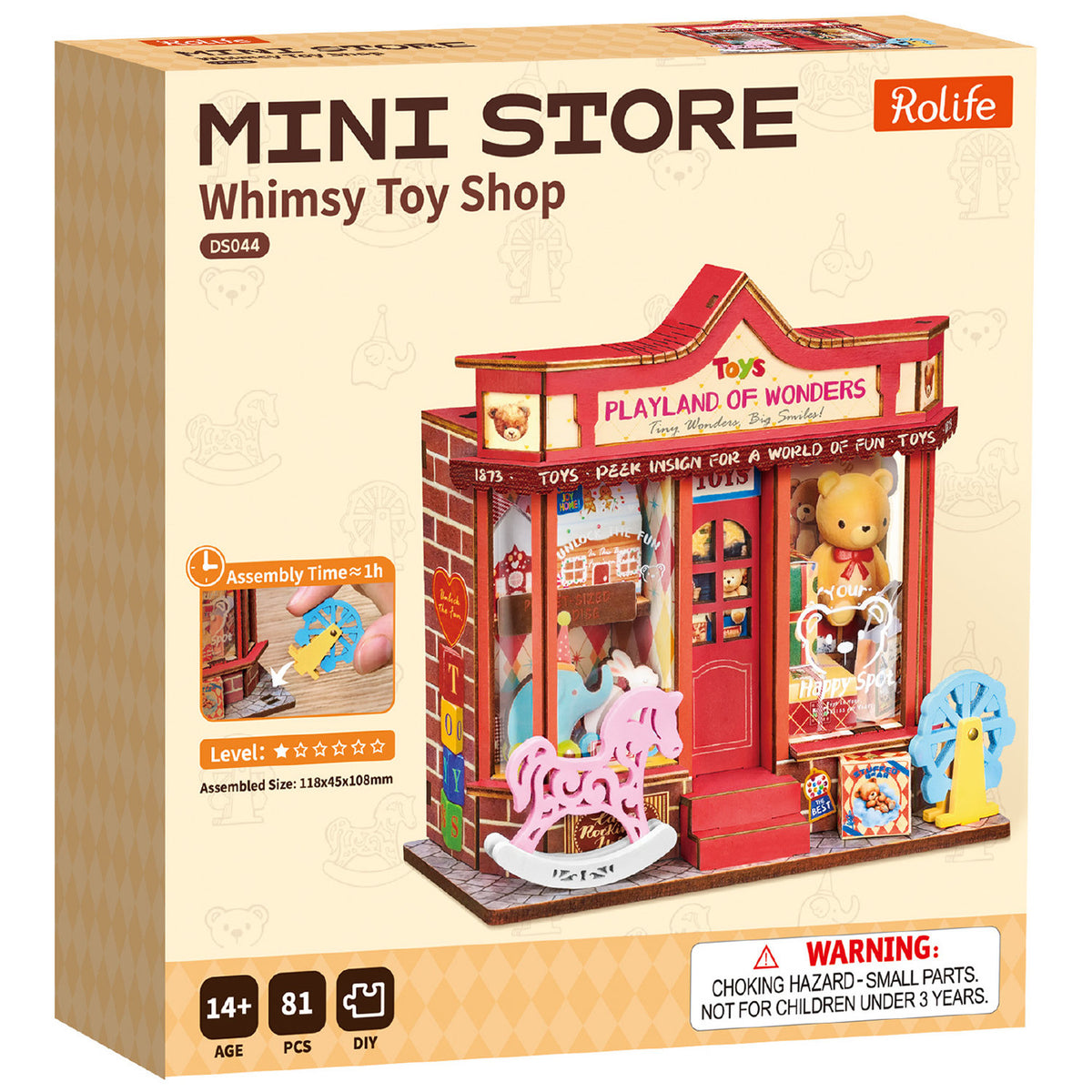Voorkant verpakking van de Robotime Whimsy Toy Shop, bouwpakket voor een miniatuurhuisje van een speelgoedwinkel met ouderwets speelgoed