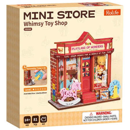 Voorkant verpakking van de Robotime Whimsy Toy Shop, bouwpakket voor een miniatuurhuisje van een speelgoedwinkel met ouderwets speelgoed