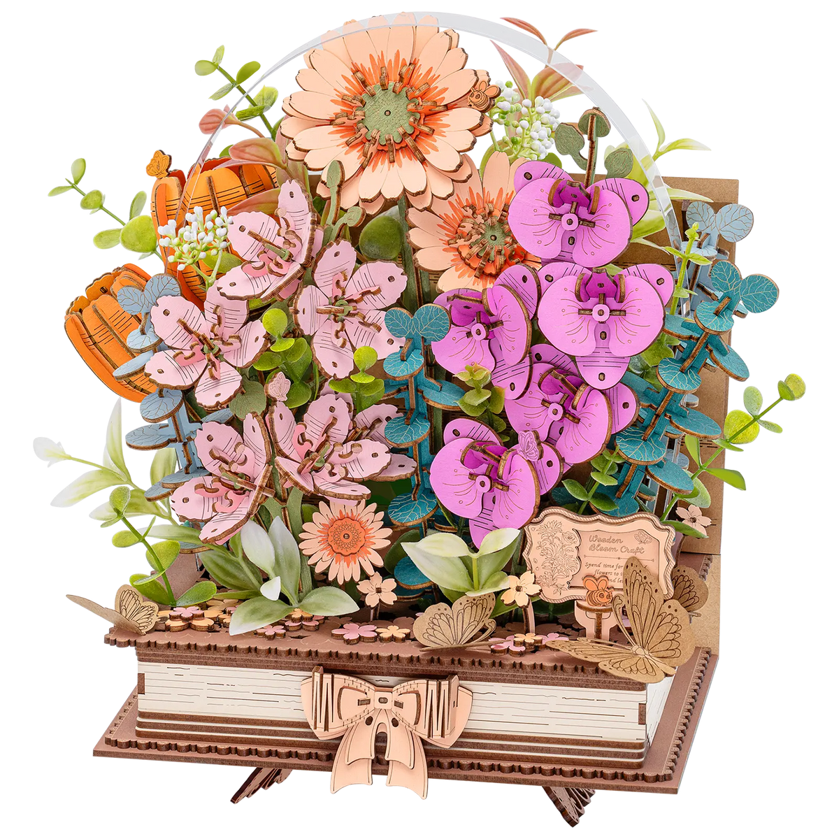 Productfoto van de Robotime Wooden Blooming Book, houten bouwpakket van een boeket bloemen op een gesloten boek