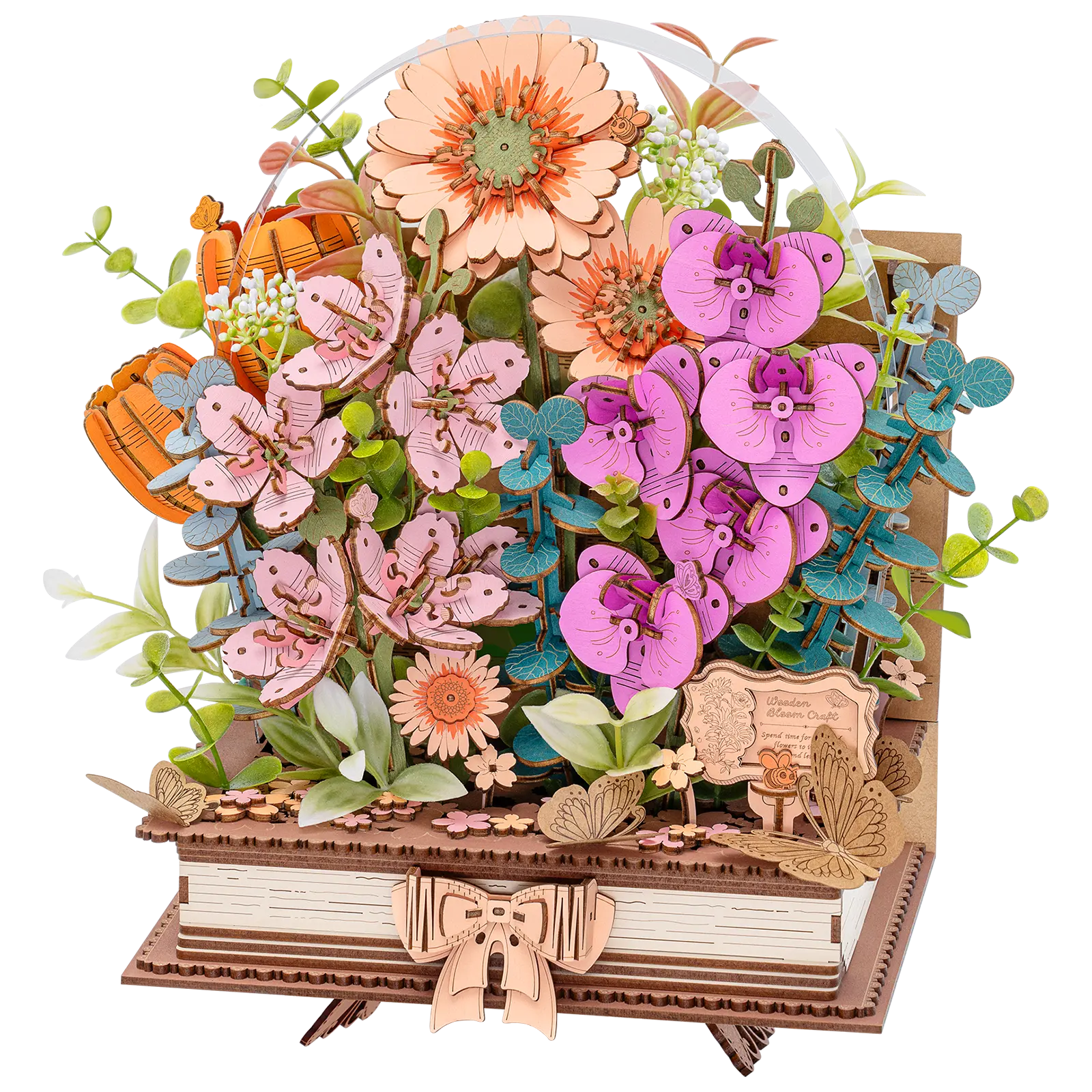 Productfoto van de Robotime Wooden Blooming Book, houten bouwpakket van een boeket bloemen op een gesloten boek
