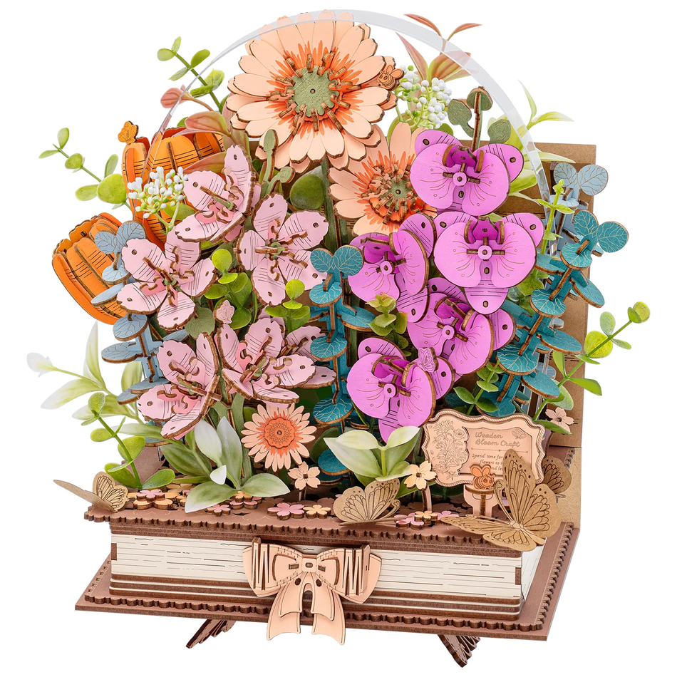 Productfoto van de Robotime Wooden Blooming Book, houten bouwpakket van een boeket bloemen op een gesloten boek