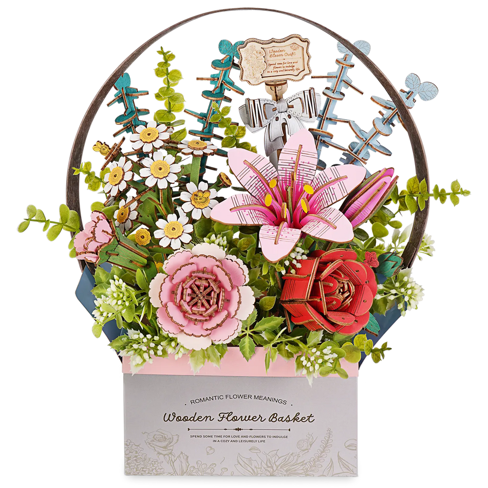 Productfoto van de Robotime Wooden Flower Basket, houten bouwpakket van een mandje met houten bloemen