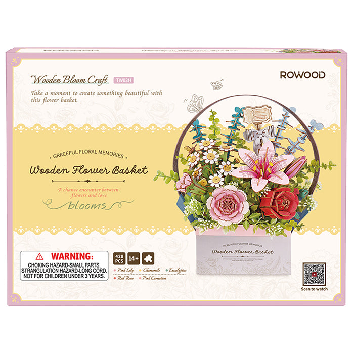 Voorkant verpakking van de Robotime Wooden Flower Basket, houten bouwpakket van een mandje met houten bloemen