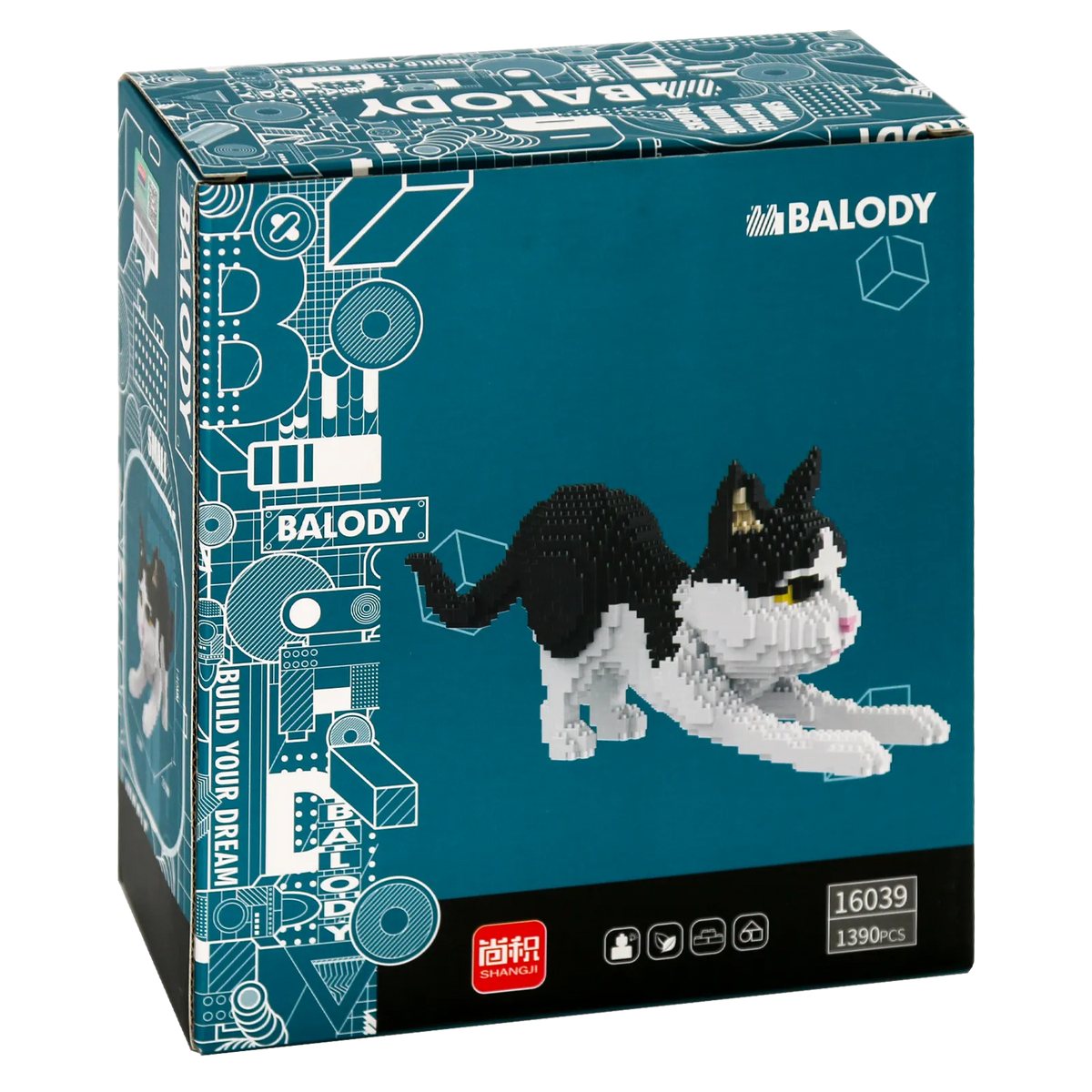 Achterkant verpakking van de Balody miniblocks zwart-witte kat