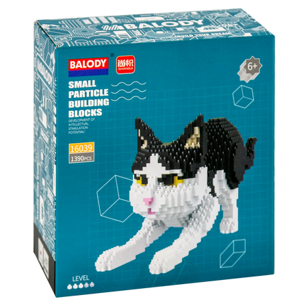Voorkant verpakking van de Balody miniblocks zwart-witte kat