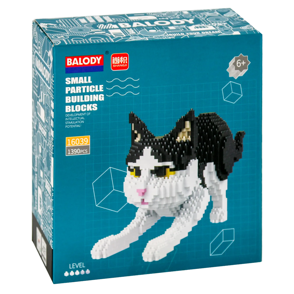 Voorkant verpakking van de Balody miniblocks zwart-witte kat