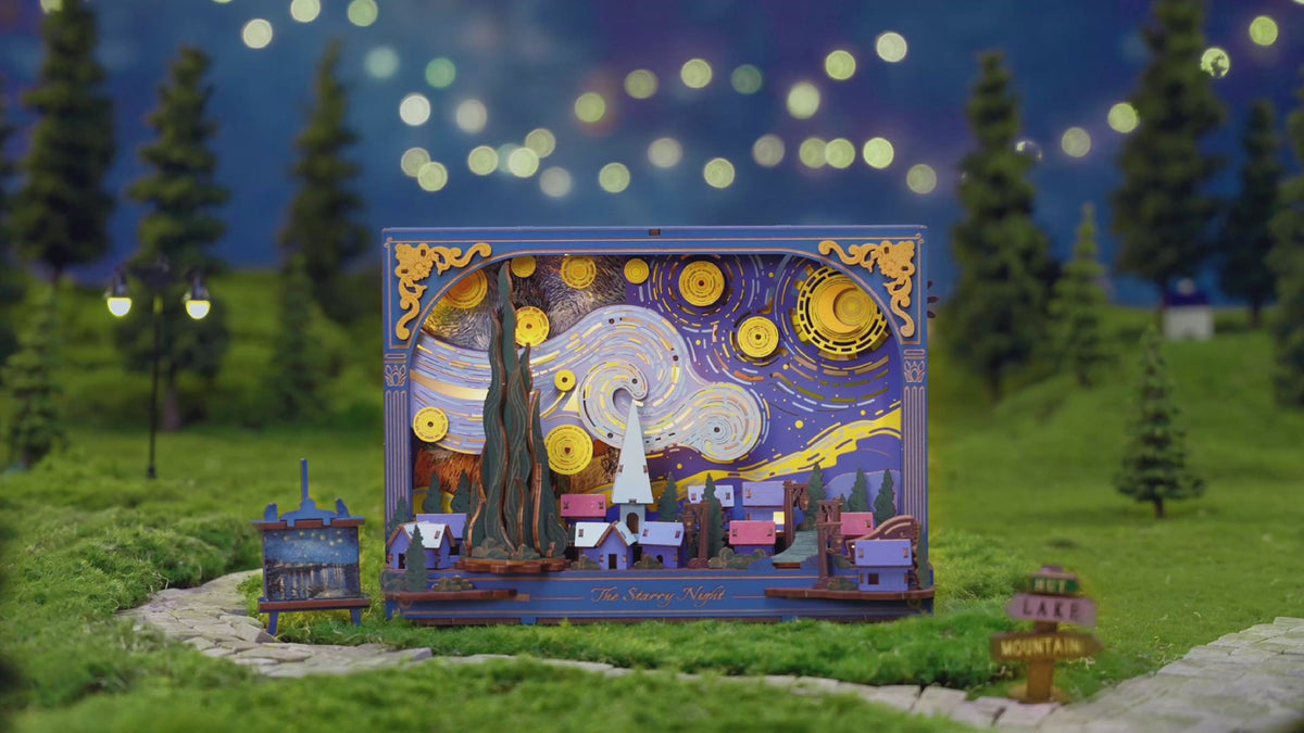 Sfeervolle videopresentatie van de Robotime The Starry Night, houten diorama bouwpakket van Van Gogh’s Sterrennacht