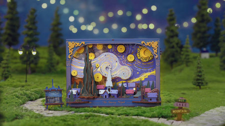 Sfeervolle videopresentatie van de Robotime The Starry Night, houten diorama bouwpakket van Van Gogh’s Sterrennacht